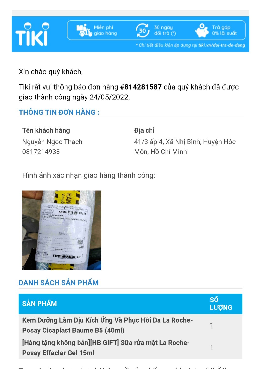 Mình chưa nhận được hàng nha, mà sao bên giao hàng lại xác nhận trong ứng dụng là bên mình đã nhận được hàng, thậm chí trong *** của mình tiki gửi hình qua *** người nhận hàng lại ko phải là mình là một khách hàng khác, sao không gửi đúng *** của họ mà lại gửi qua *** của mình. Hi vọng bên đội ngũ Tiki sớm phản hồi lại mình nhé. Mình xác nhận chưa nhận đc hàng.
