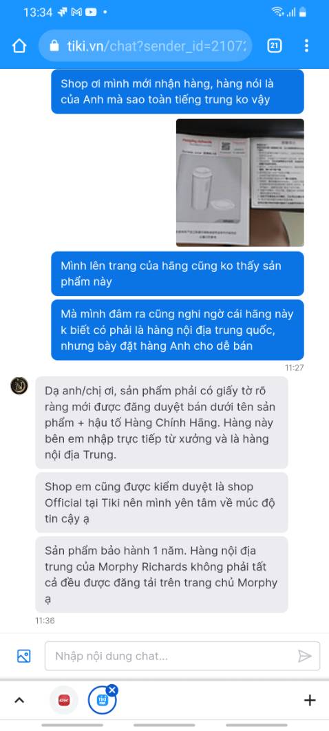 Hàng của hãng của nước Anh nhưng nhận được thì lại là hàng nội địa Trung của hãng, bên ngoài và sách hướng dẫn đều là tiếng Trung. Mình hơi không yên tâm về chất lượng sản phẩm.
Shop trả lời thắc mắc nhanh, nhưng mình không đồng ý cách ghi nguồn gốc xuất xứ sản phẩm như hiện tại của shop. Có lẽ lần sau mình sẽ mua của LocknLock cho yên tâm.
Mình sẽ dùng thử sản phẩm, vì ở xa nên cũng ngại đổi trả.