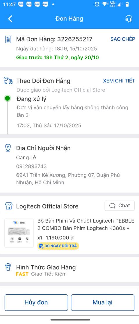 Mua hàng giao không đúng sản phẩm. Liên hệ thì shop không trả lời. Đổi trả thì chờ đợi vô hạn không có cập nhật thông tin gì. Liên hệ lại cả tin nhắn trên Tiki hay gọi đến *** trực tiếp của shop thì không đc. Shop ghi tên chính hãng cửa hàng Logitech mà lại ship hàng từ cửa hàng bán lẻ ở tận Cần Thơ. Dịch vụ và bán hàng rất tệ.