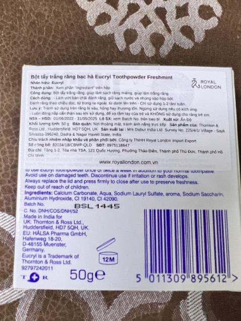 Bột trắng men răng EUCRYL shop bán là hàng chính hãng 100%, mình đã dùng nên biết chất lượng tốt, mùi bạc hà thơm miệng và răng trắng dần lên sau 2 tuần sd. Tặng shop 5⭐️ và cảm ơn đã bán hàng tử tế