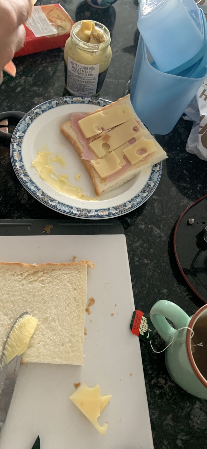 Nướng ổn k bị cháy, mình kẹp cheese and ham giữa 2 miếng sandwich và quết butter bên ngoài 2 mặt ra sản phẩm rất ngon