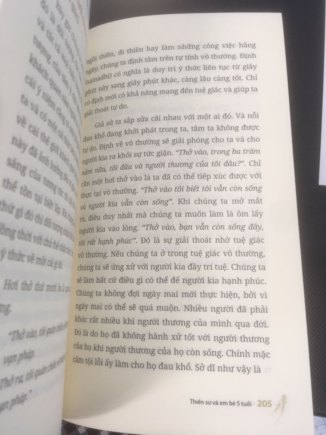 Cuốn sách đầu tiên mình đọc của Thiền sư Thích Nhất Hạnh. Nội dung chủ yếu nói về thiền tập hơi thở, chánh niệm và xoa dịu khổ đau. Đối với một người chưa từng nghiên cứu về tu tập thân tâm, mình cảm thấy có hơi bỡ ngỡ trước nhiều khái niệm được đưa ra (định, hành, tuệ giác, …) nên có lẽ sẽ phải đọc lại nhiều lần để hiểu sâu hơn và thực hành được.  
Mình rất thích cách thiết kế và hình thức của cuốn này. Giấy rất xịn và có mùi thơm. Tuỳ nhiên mình để ý nhà in đã in cùng một nội dung vào trang 201,203 và 205. Đây là lỗi in nên mong bên xuất bản kiểm tra lại.
