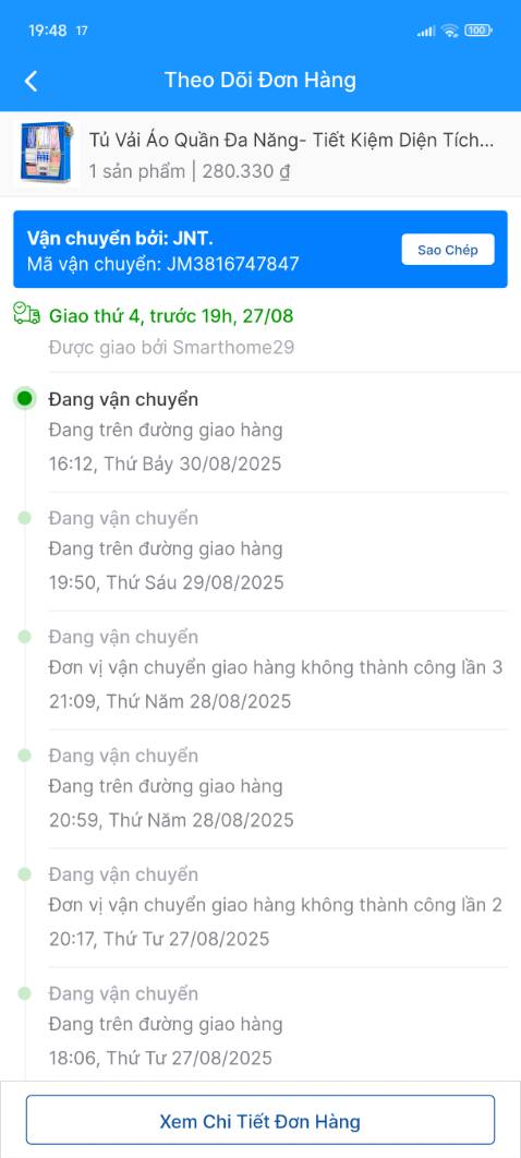 Bảo giao hàng ngady 27/8 nhưng đến tận ngày 1 thán 9 mới giao. Lại còn dám bảo giao ko thành công.
Định không nhận nhưng nghĩ tộu shipper, khi khui hàng thì thiếu hẳn 1 chân.