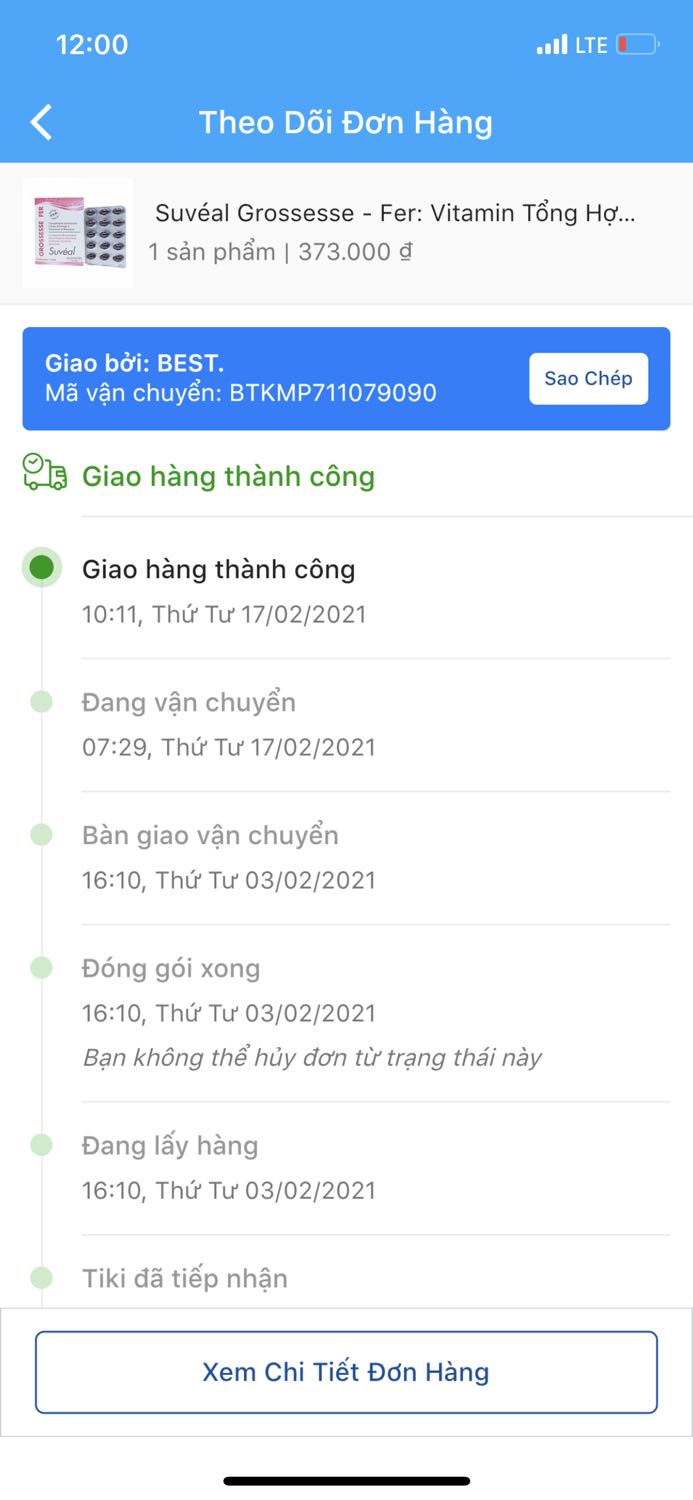 dạo này buồn Tiki kinh khủng, đặt đơn hàng với thời gian nhận hàng cam kết của Tiki là 5/2/2021, nghĩ chắc chắn nhận hàng kịp trước tết rồi, đơn vị vận chuyển BEST nhận gói hàng từ ngày 3/2/2021 như hình, nhưng chẳng hiểu làm sao có thể ngâm giữ hàng tới sau tết 17/2/2021 mới giao? có thể không giao kịp 5/2 như cam kết nhưng ngày 10/2 mới nghỉ tết mà, rất vô lý khi ngâm hàng đến chừng đó ngày!