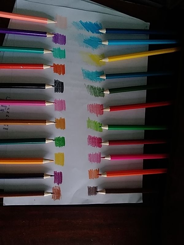 màu lên khá là chuẩn, không có gì phải phàn nàn, chồng màu khá tốt, tuy nhiên bút mềm khá dễ gãy, ko khéo là vụn giống vầy. Chồng lên 2 lớp thì ok, nhưng nhiều lớp thì thấy ko ổn lắm, màu trắng blend màu ổn. 55k có bộ 24 màu vẽ vời là ổn ròi. nhưng cái này ko hợp vẽ chân dung đâu, chơi chơi thì được, vì bút khá là mềm. À còn hộp đựng thì bằng bìa caton, cũng chắc chắn, có chỗ chuốt bút nữa, nên ưng lắm. Giao hàng nhanh.