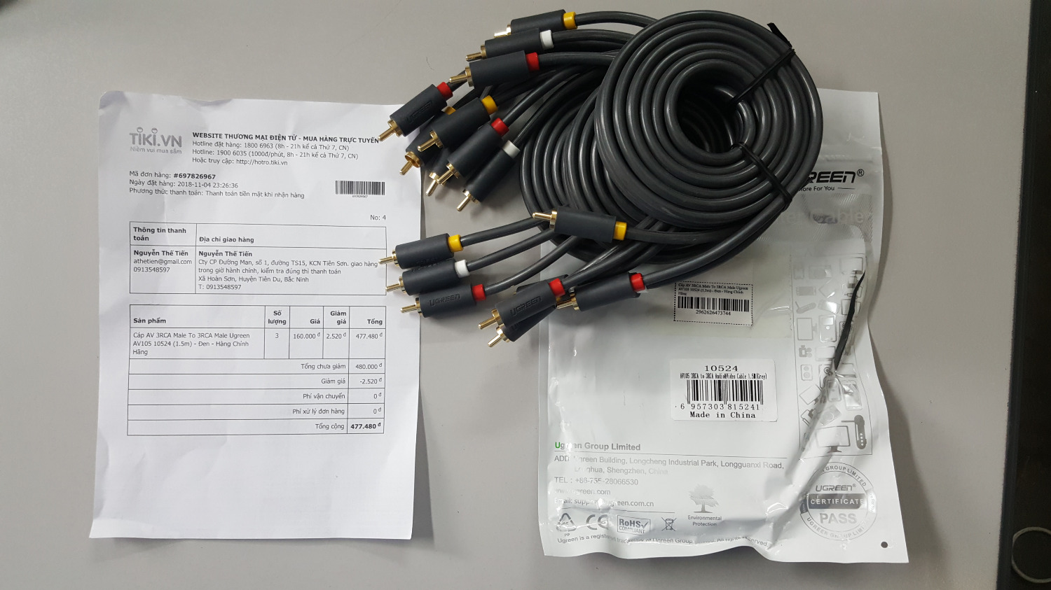 Cáp AV 3RCA Male To 3RCA Male Ugreen AV1*** (1.5m) - Đen - Hàng Chính Hãng 
- tôi vừa nhận 03 cáp rồi, là túi miết sao phải rạch bên cạnh, thấy ad có bảo rạch để dán tem, nhưng tôi thấy tem dán chỗ nào ???
- vậy căn cứ vào đâu để bảo hành 18 tháng ???