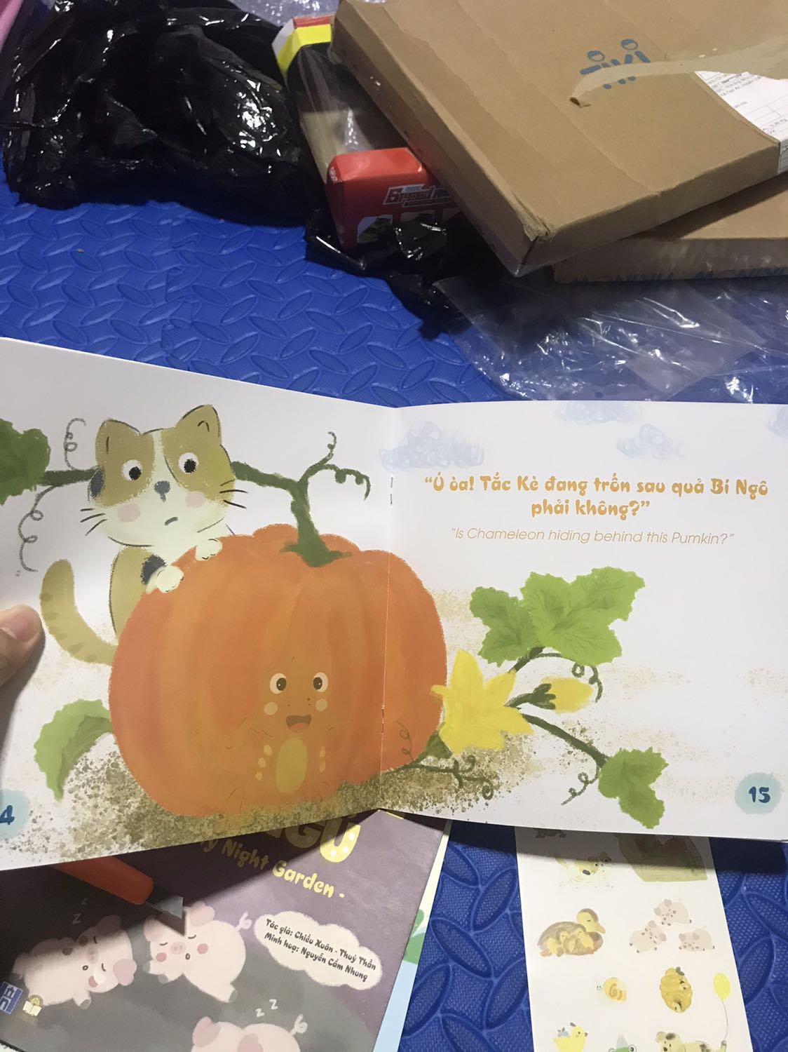 Shop đóng gói cẩn thận. Sách màu sắc tươi sáng. In màu dày dặn. Nội dung về chơi trốn tìm, sinh nhật, thiên nhiên ban đêm. Chủ đề không mới nhưng bội dung mới, hình vẽ dễ thương. Áp mã còn 93k. Bé rất thích