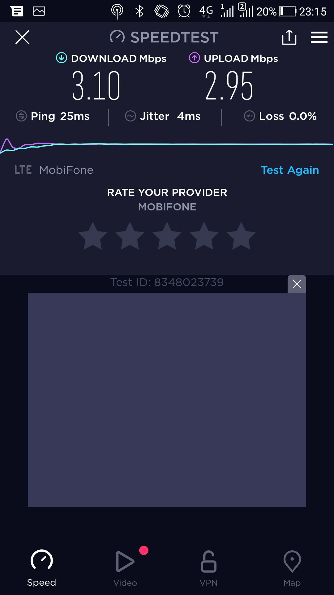 Tốc độ sau khi xài hết 5Gb/ngày rất ấn tượng, khoảng 3 Mbps, xem Youtube 720p ko giật. Tốc độ bình thường cũng ấn tượng, khoảng 15-50 Mbps. Khuyết điểm là ko ổng định, lúc nhanh lúc chậm. Nhưng nhìn chung là giá rẻ và đảm bảo online 24/24 mượt mà. Thế là đủ. Tốc độ sau khi xài hết 5Gb/ngày rất ấn tượng, khoảng 3 Mbps, xem Youtube 720p ko giật. Tốc độ bình thường cũng ấn tượng, khoảng 15-50 Mbps. Khuyết điểm là ko ổng định, lúc nhanh lúc chậm. Nhưng nhìn chung là giá rẻ và đảm bảo online 24/24 mượt mà. Thế là đủ.