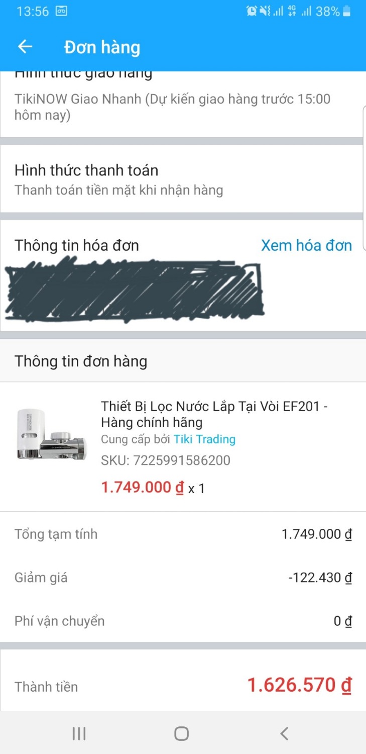 1* này là về việc giao nhận của Tiki chứ khồng phải chất lượng sản phẩm.
Đặt hàng EF201 nhưng giao thành EF lắp cho vòi sen. Vừa nhận được chưa đầy 2 phút (trạng thái đơn vẫn chưa chuyển sang "giao hàng thành công") thì phát hiện ra là giao sai mã. Gọi cho bên giao nhận thì nhất quyết ko nhận lại mà bắt mình làm thủ tục đổi trả trong khi lỗi hoàn toàn từ phía Tiki.
Đẩy khách hàng vào thé khó, vừa mất thời gian, vừa thêm sự bực bội. Chờ xem tiki giải quyết thế nào 1* này là về việc giao nhận của Tiki chứ khồng phải chất lượng sản phẩm.
Đặt hàng EF201 nhưng giao thành EF lắp cho vòi sen. Vừa nhận được chưa đầy 2 phút (trạng thái đơn vẫn chưa chuyển sang "giao hàng thành công") thì phát hiện ra là giao sai mã. Gọi cho bên giao nhận thì nhất quyết ko nhận lại mà bắt mình làm thủ tục đổi trả trong khi lỗi hoàn toàn từ phía Tiki.
Đẩy khách hàng vào thé khó, vừa mất thời gian, vừa thêm sự bực bội. Chờ xem tiki giải quyết thế nào
