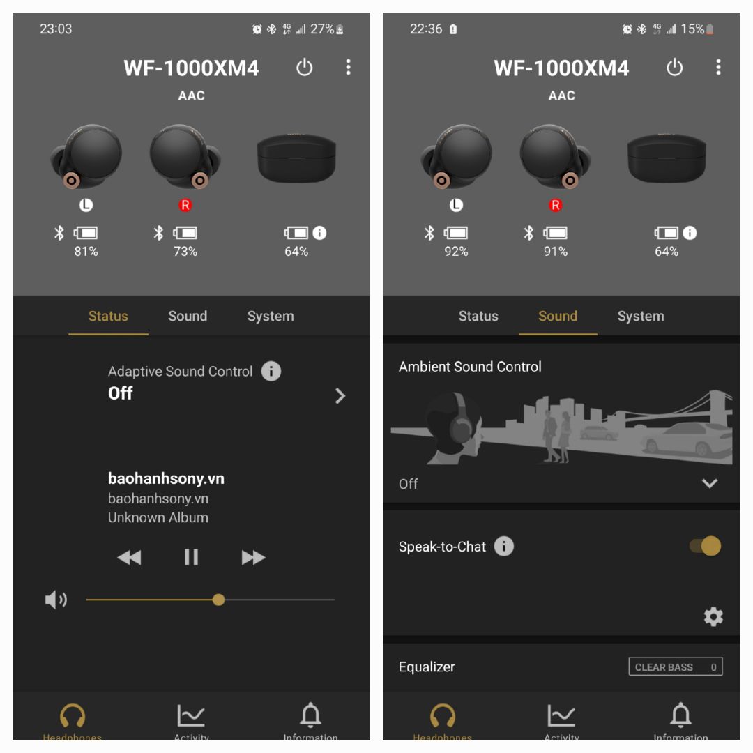 Mình rất tin tưởng Tiki Trading và đã mua nhiều mặt hàng giá trị cao tại đây. Đến nay khi sử dụng tai nghe WF-1000XM4 này thì mình không chê gì về chất lượng âm thanh, nhưng hiện tại đang gặp vấn đề về pin.
Thứ nhất, khi bỏ vào hộp sạc thì 2 tai nghe của mình không thể sạc được 100%, thường xuyên bên trái là hơn 90% và bên phải là 88%.
Thứ hai, mặc dù được giới thiệu có dung lượng sử dụng liên tục tới 8 tiếng, nhưng chỉ mới 5 tháng sử dụng mà bây giờ mình vừa dùng để nghe nhạc được 1 tiếng thì pin đã gần hết như hình, 2 bên tụt dung lượng cũng khác hẳn nhau.
Mong là sớm có phản hồi từ Tiki để mình có trải nghiệm mua hàng và sử dụng sản phẩm được tốt nhất. Cảm ơn!