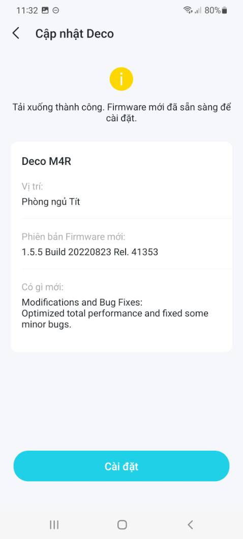 Bộ Mesh dùng tốt, nhưng 01 pack bị lỗi không cài đặt được firmware mới, cứ vào phần mềm quản lý Deco lại báo "Một số Deco của bạn đang sử dụng Firmware cũ" Nhưng sau khi cài đặt lại vẫn báo Firmware sẵn sàng để cài đặt, thoát ra vào lại phần mêm quản lý Deco vẫn báo park đó sử dubgj Firmware cũ. Thử nhiều lần mà k hết. Chỉ 1 Pack bị vậy.
Đề nghị Tiki Trading hỗ trợ xử lý hoặc đổi hàng giúp tôi. (Đã reset Pack đó và cài lại 2 lần, vẫn bị lỗi vậy)
Xin cảm ơn.