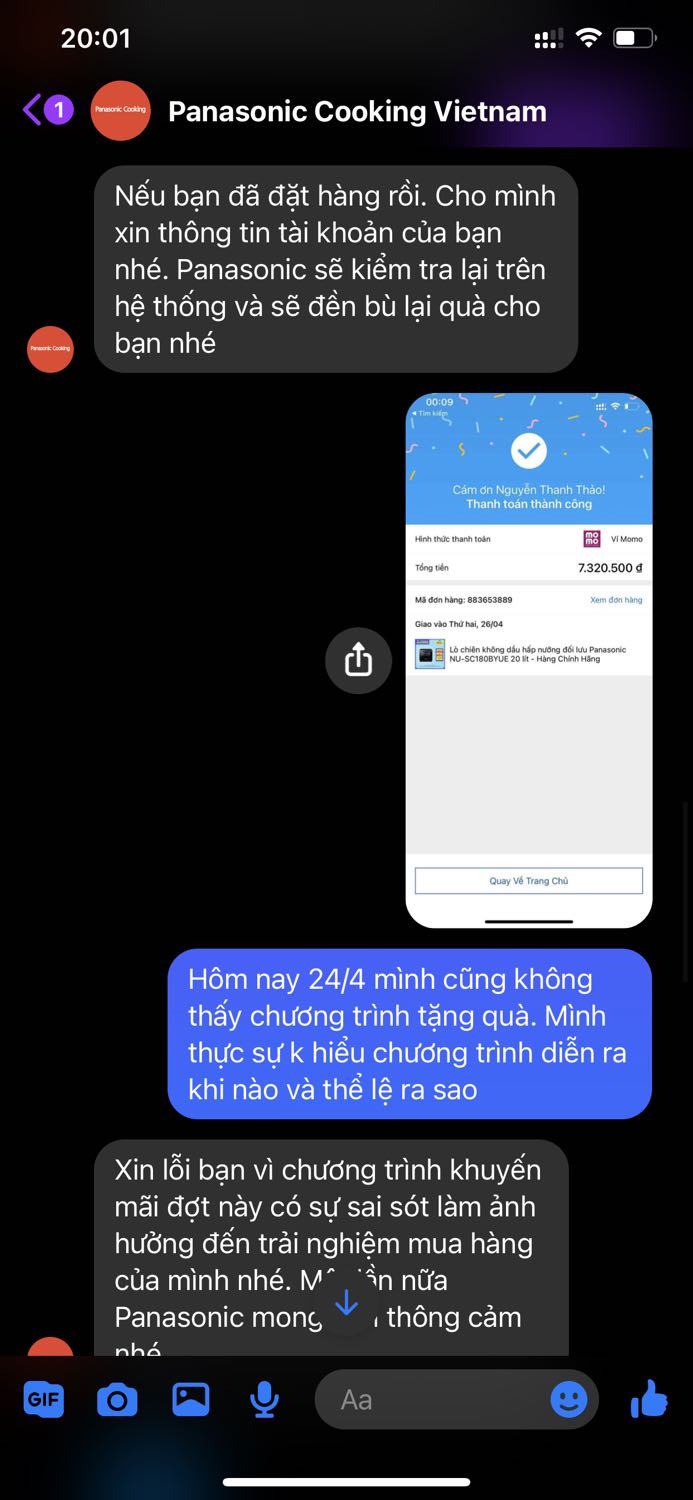 Mua hàng báo có khuyến mãi. Rồi hãng báo quà gửi sau vì nghỉ, nhưng mãi không gửi quà. Nhắn tin hỏi không trả lời lại. Thiếu tôn trọng khách hàng. 
Tiki 5 sao nhưng Panasonic 1 sao.