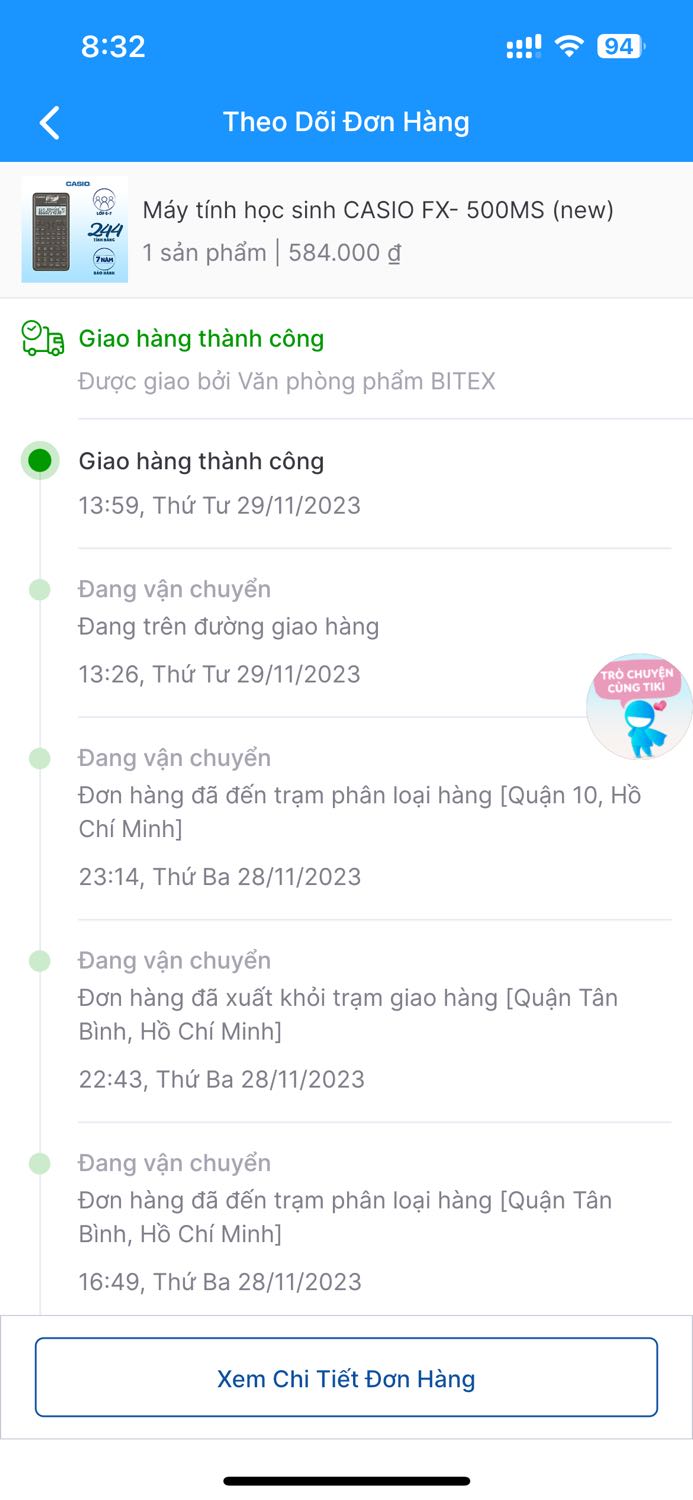Mình đặt mua bên tiki vì chế độ giao nhanh nhưng k ngờ giao chậm hơn đến 3 ngày. Cụ thể đặt t7 shop thông báo “giao đúng chủ nhật từ 13h-16h” nhưng đến tận hôm nay là thứ t4 tuần sau mới nhận dc. Mình cần gấp để gửi về quê nếu ngay từ đầu nhắm k giao sớm dc thì mình đặt mua chổ khác. Chat *** thì nói liên hệ với bên tiki. Chat bên tiki thì hỏi hnay mai trloi