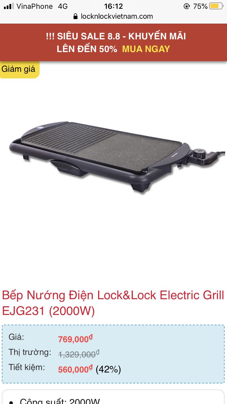 Mình thật sự rất hay mua đồ tiki và cực kỳ tin tưởng tiki. Nhưng lần này thì thất vọng về phần giá cả. Khi mình đặt mua gấp và nhìn khoảng giá hơn 1tr2 cho bếp nướng này thì thấy trong khả năng của mình nên đặt mua ko suy nghĩ. Nhưng ngay khi vừa thanh toán xong thì vào phần mục hàng đó phần giá chỉ còn hơn 800k. Lên website lockandlockvietnam và các nơi khác thì cũng chỉ có giá giao động trong khoảng 800k. Phần giá cao hơn cho thương hiệu và uy tín của tiki mình có thể hiểu, nhưng cao hơn đến gần 500k với 1 sản phẩm ở mức giá dưới 1tr thì mình nghĩ ko đáng. Cũng 1 phần do bản thân tin tưởng tiki nên mình k làm thao tác so sánh trc khi mua.