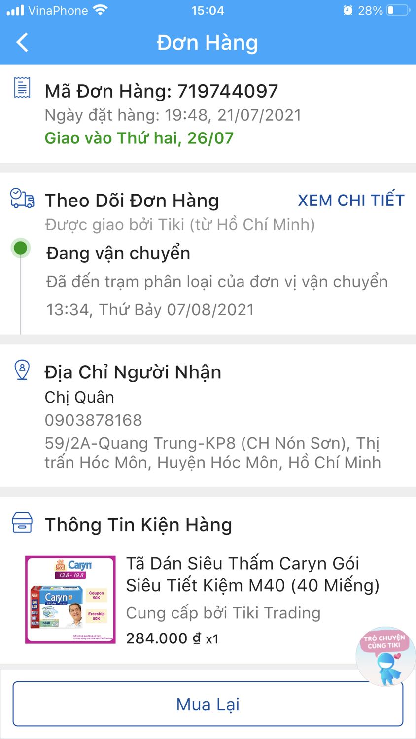 Giờ TIKI làm ăn không ra gì, tôi có 2 đơn hàng (hàng cần thiết) đã thanh toán,hẹn 26/7/21 giao mà đến nay 23/8/21 (TP cấm người dân ra đường) vẫn chưa giao, mà không một lời giải thích lý do