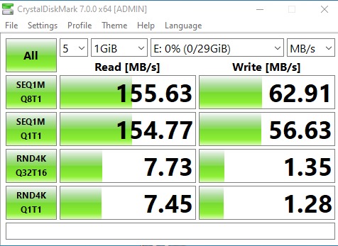 Ngoại hình ổn, dễ gắn chìa khoá
Tốc độ ghi dưới 1GB tầm 55 MB/s, sau 1GB tầm 24MB/s, thua dòng Ultra Flair khoảng 20%
Tuy nhiên tốc độ đọc dưới 1Gb rất cao, max luôn băng thông Sata 500MB/s nên không đo hơn được. Sau 1GB tầm 140MB/s
.Nói chung làm USB Boot ổn. Độ bền thì dùng từ từ sẽ biết Ngoại hình ổn, dễ gắn chìa khoá
Tốc độ ghi dưới 1GB tầm 55 MB/s, sau 1GB tầm 24MB/s, thua dòng Ultra Flair khoảng 20%
Tuy nhiên tốc độ đọc dưới 1Gb rất cao, max luôn băng thông Sata 500MB/s nên không đo hơn được. Sau 1GB tầm 140MB/s
.Nói chung làm USB Boot ổn. Độ bền thì dùng từ từ sẽ biết