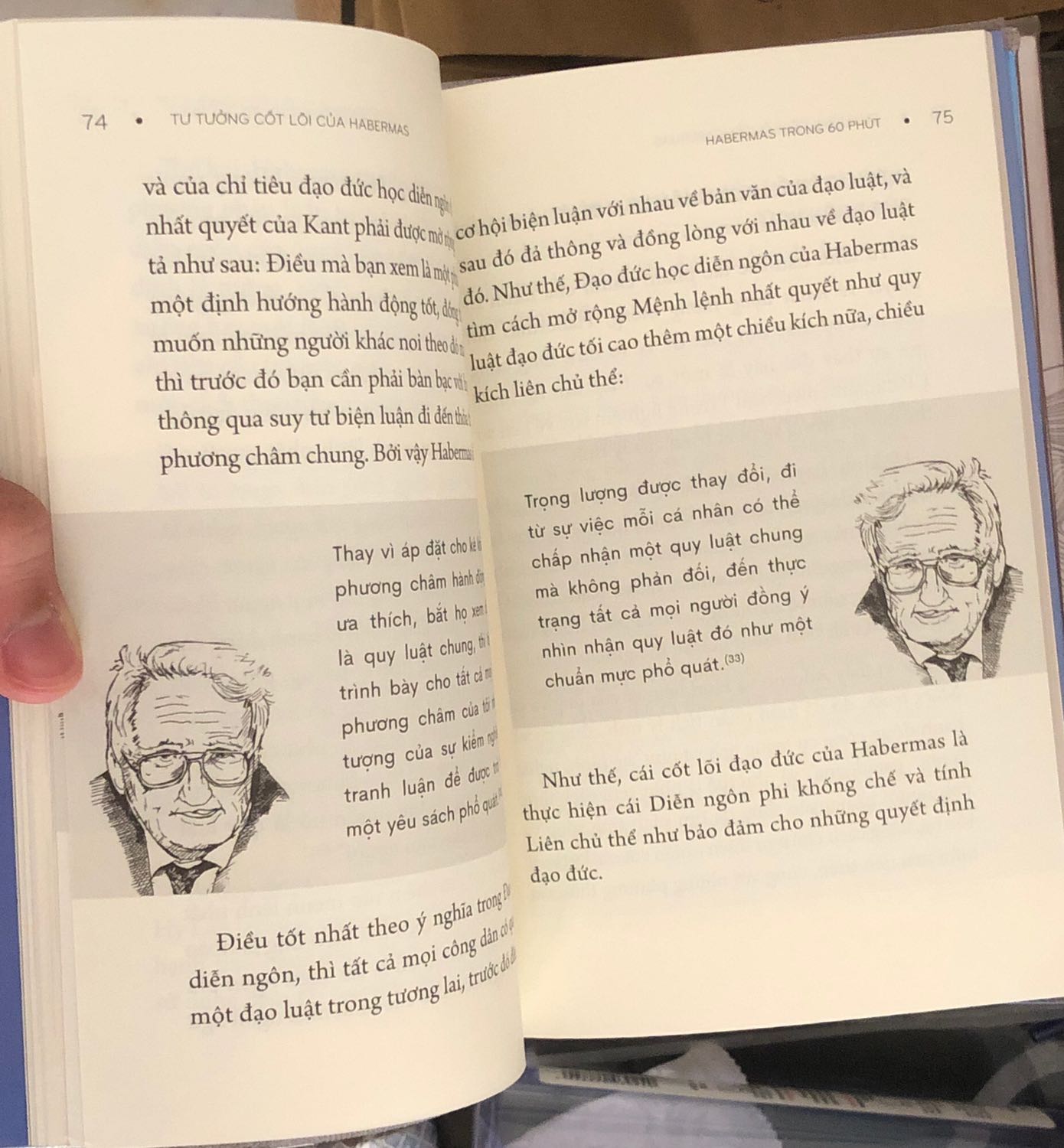Sách đẹp, đóng gói ẩu, bọc sách plastic đẹp, chuẩn, giấy rất mịn, in hình ảnh đẹp. 
Habermas có một thị kiến lớn. Sự hiểu biết nhau qua ngôn ngữ sẽ nối kết toàn thể nhân loại với nhau. Bởi chính trong ngôn ngữ đã được đặt để cái ước vọng về sự hiểu nhau càng luôn mãi lớn lên.
