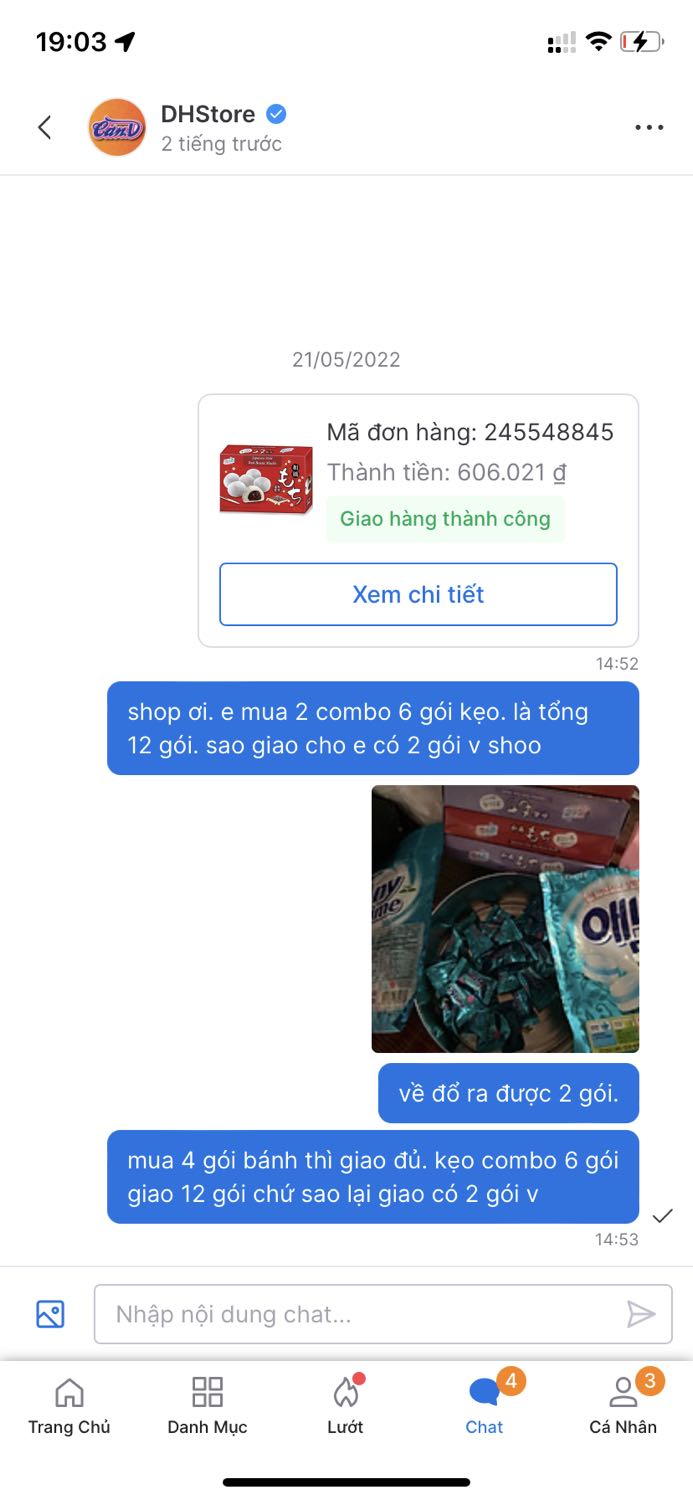 mua 2 combo 6 gói kẹo giao có 2 gói kẹo. thiếu tận 10 gói. nt shop ko tl 🥹🥹🥹