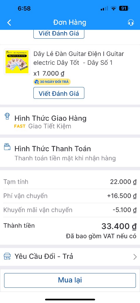 Đơn hàng ghi 33.400 giao hang thu gần 50.000. Bấm trả hàng thì bị lỗi