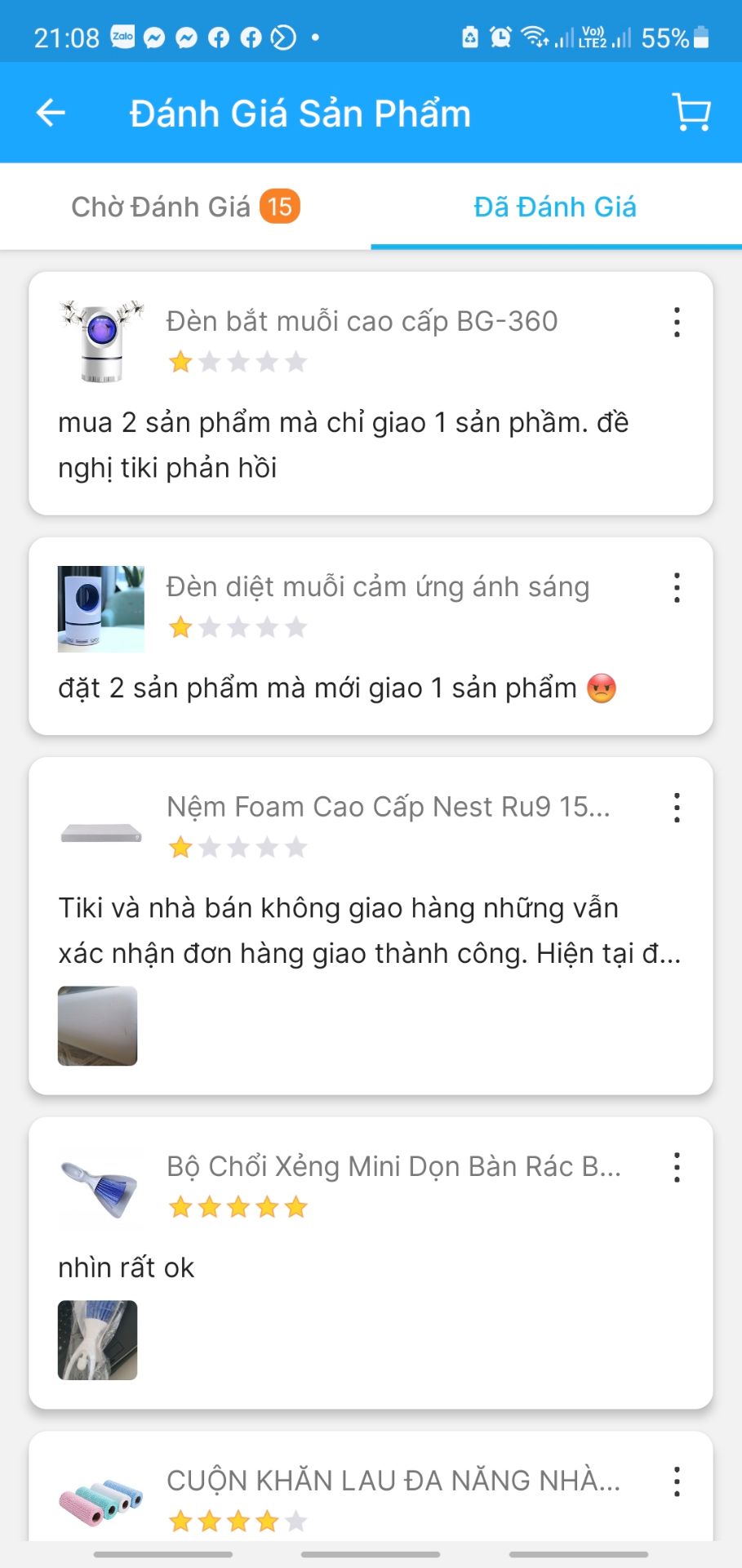 tiki từ lúc dịch tới giờ rất vô trách nhiệm. nhắn tin ko rép. đánh giá cũng ko phản hồi. lúc thì giao hàng lỗi. lúc thì giao hàng thiếu. lúc thì chưa giao mà trên app báo giao rồi.... từng rất tin tưởng. mua cả gói víp để dùng ủng hộ 1 năm mấy chục triệu tiền hàng. nhưng càng ngày càng đi xuống. nhân viên hỗ trợ và care KH kiểu rất khó chịu. chúng ta nên suy nghĩ lại nên ủng hộ đơn vị tmđt việt nam còn lại trên thị trường hay không khi dịch vụ đã giảm sút và tình trạng khinh rẻ KH càng ngày càng rõ.