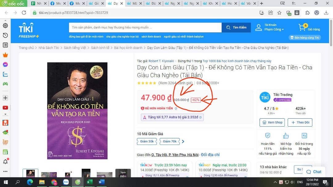 Làm ăn vớ vẩn. Giá bìa 65k tăng giá lên tận 125k. Quy định của tiki đâu? Đã thế tăng giá bìa xong để giảm giá cho khách hàng là 62%. Trong khi tính ra 47.900₫ giảm so với giá bìa 65k có 26%. Tiki xem xét lại và liên hệ với khách hàng. Không để ý, nhận hàng thì lại k trả hàng hoàn tiền được.