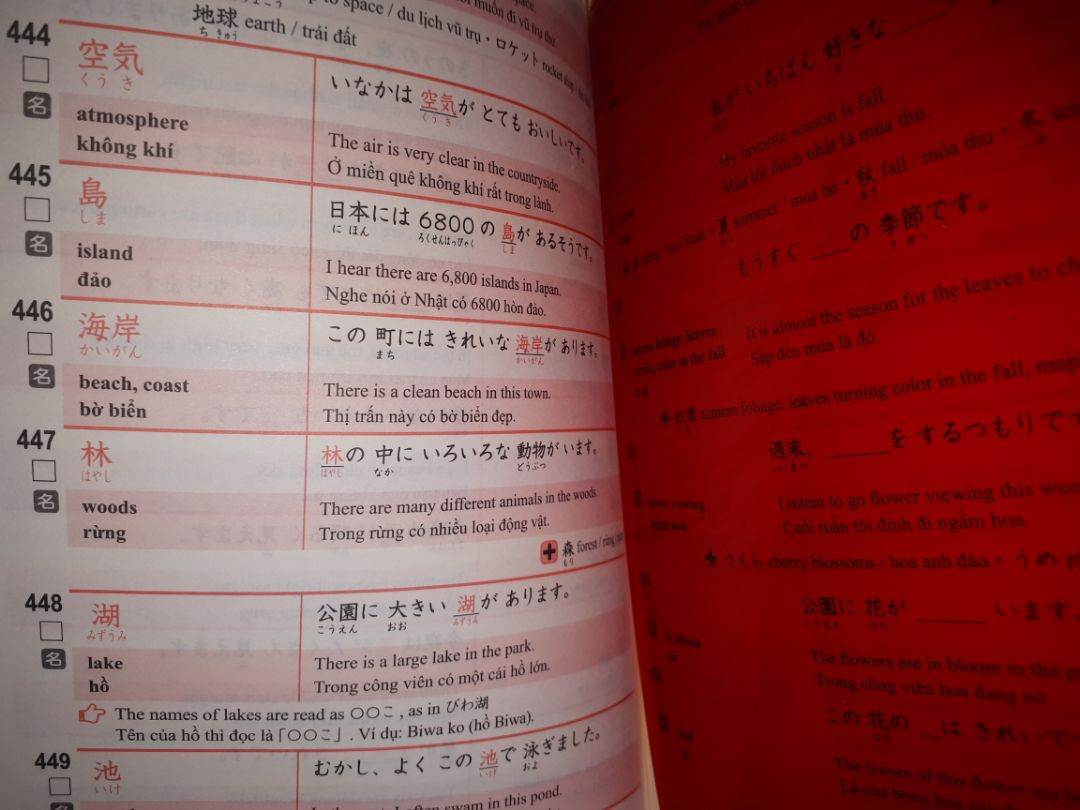 Ưu điểm: Sách có 3 ngôn ngữ (Anh,Nhật,Việt) hỗ trợ học nhiều ngôn ngữ 1 lúc, có ví dụ song ngữ để biết cách sử dụng từ, có phân loại tính, động, danh từ.Đồng thời sách cũng hỗ trợ hình ảnh phụ họa cho một số từ khó.Giá sách khá rẻ, bìa đẹp, có tấm bìa đỏ để kiểm tra lại sau khi học.Từ được xếp theo chủ đề, dễ học.
Nhược điểm: Giấy sách mỏng, dễ rách và nhìn thấy chữ trang sau đè lên trang trước.
Tóm lại sách phù hợp cho các bạn học ôn lại nhanh trước khi thi, rất hài lòng so với giá tiền.