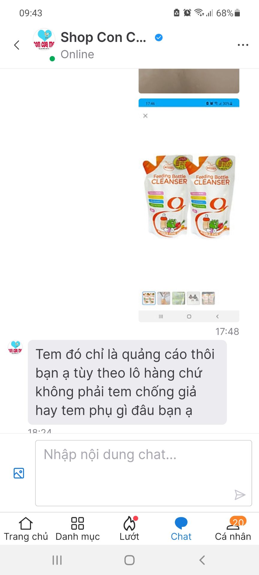 Lần đầu mua : sp đóng gói kĩ chắc chắn, nhìn bên ngoài giống sp m đang sd, hy vọng chất cũng giống và m tin là giống và ok ạ. Giá rẻ hơn ở shop và sthi ạ. Đáng để mua!
Lần 2 mua: bên góc phải túi k có tem tt nhập khẩu như lần đầu mà chỉ có tem lớn dán phía sau, nt hỏi shop thì đc tl như vậy. qc hay k m k biết nhưng khác mẫu shop đăng, khác mẫu bên ngoài thị trường thì hơi lo lắng hàng k chuẩn nên có phần hơi e dè khi sd.
cả 2 lần giao hàng đều chậm.