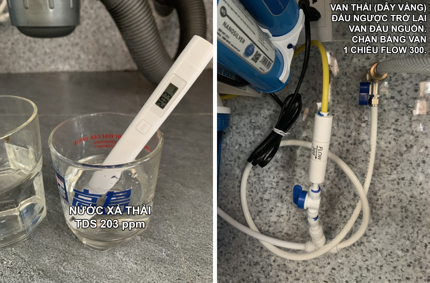 Tôi đã nhận hàng và sau vài ngày sử dụng tôi có một số thắc mắc như sau:
Thứ 1: Nước đầu nguồn chỉ số TDS là 42ppm, sau khi qua lõi RO là 12ppm thì có ổn không. Và sau khi qua các lõi khoáng là 40ppm thì chỉ số này có khác gì với 42ppm lúc đầu nguồn không?
Thứ 2: tôi xem sơ đồ lắp đặt trong tờ hướng dẫn thì thứ tự sẽ là:
 + Nguồn nước vào -> Cốc 1 -> Van áp thấp -> Van KSD -> Bơm -> Cốc 2 -> Cốc 3 -> Lõi RO -> Van áp cao -> Các lõi chức năng -> Bình áp -> Vòi dùng.
Nhưng trên thực tế của bộ lắp đặt sẵn gửi cho tôi thì sơ đồ như sau:
 + Nguồn nước vào -> Cốc 1 -> Cốc 2 -> Cốc 3 -> Van áp thấp -> Van KSD -> Bơm ->  Lõi RO -> Van áp cao -> Các lõi chức năng.
Như vậy cho tôi hỏi sơ đồ này ko theo khuyến cáo của hãng thì có ảnh hưởng gì đến chất lượng nước ra và tuổi thọ của bơm không?
Thứ 3: Sản phẩm tôi nhận được thiếu van Flow 300, van này rất quan trọng trong việc ngăn trào ngược nước thải trở lại màng RO. Nhưng tôi tìm mãi thì không thấy phụ kiện này. Cũng như không thấy bộ vít và tắc kê để treo kệ lên. Phải chăng 2 loại phụ kiện này người dùng phải tự trang bị?
Tạm thời tôi rate 4*. Hy vọng Karofi giải đáp giúp tôi những thắc mắc trên.
Chân thành cám ơn.