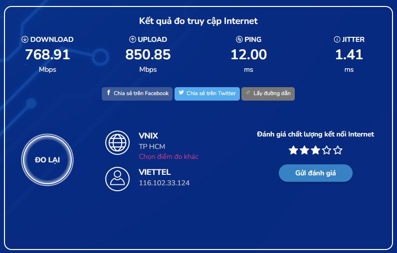 - 10 điểm chất lượng. Tốc độ đo được thường đạt khoảng gần 50% tốc độ liên kết báo lên.
- Tốc độ liên kết gấp đôi TP-Link AX10, nên tốc độ đo được cũng vậy.