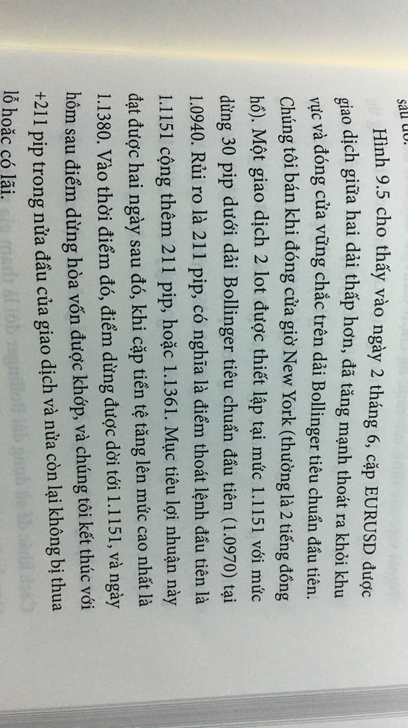 sách viết còn khó hiểu. 
ví dụ 1: như dải Bollinger cụ thể là dải trên hay dải dưới, cứ nói nằm dưới nằm trên dải Bollinger trong khi có đến hai dải Bollinger trong cùng một độ lệch.
ví dụ 2: mô tả giao dịch EURUSD hình 9.5, trong khi hình 9.5 không đúng mô tả giao dịch
ví dụ 3: mô tả giao dịch hình 9.4 với thuyết trình không dễ hiểu