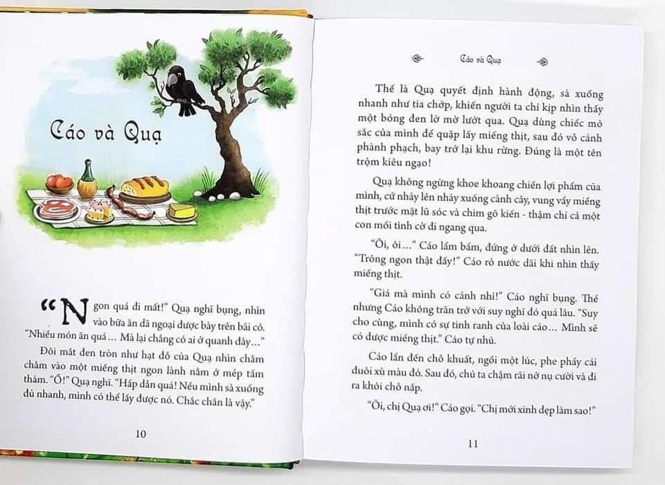 Truyện bìa cứng, minh họa rất đẹp, gồm nhiều mẩu truyện ngụ ngôn nhỏ rất hợp với các em bé 4-5 tuổi trở lên. Truyện có nhiều bài học hay dạy các bé cách sống , cách đối nhân xử thế.