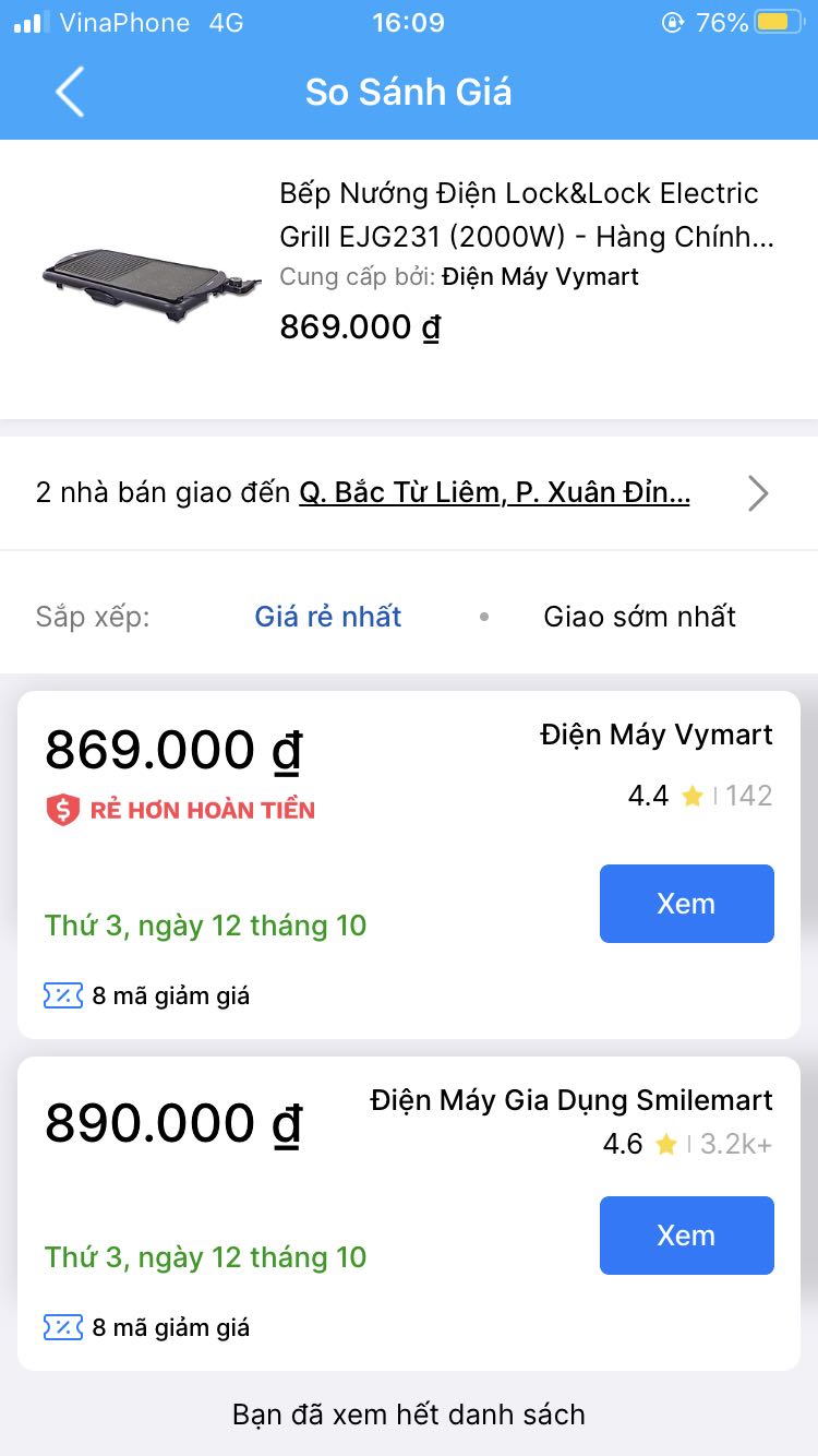 Mình thật sự rất hay mua đồ tiki và cực kỳ tin tưởng tiki. Nhưng lần này thì thất vọng về phần giá cả. Khi mình đặt mua gấp và nhìn khoảng giá hơn 1tr2 cho bếp nướng này thì thấy trong khả năng của mình nên đặt mua ko suy nghĩ. Nhưng ngay khi vừa thanh toán xong thì vào phần mục hàng đó phần giá chỉ còn hơn 800k. Lên website lockandlockvietnam và các nơi khác thì cũng chỉ có giá giao động trong khoảng 800k. Phần giá cao hơn cho thương hiệu và uy tín của tiki mình có thể hiểu, nhưng cao hơn đến gần 500k với 1 sản phẩm ở mức giá dưới 1tr thì mình nghĩ ko đáng. Cũng 1 phần do bản thân tin tưởng tiki nên mình k làm thao tác so sánh trc khi mua.