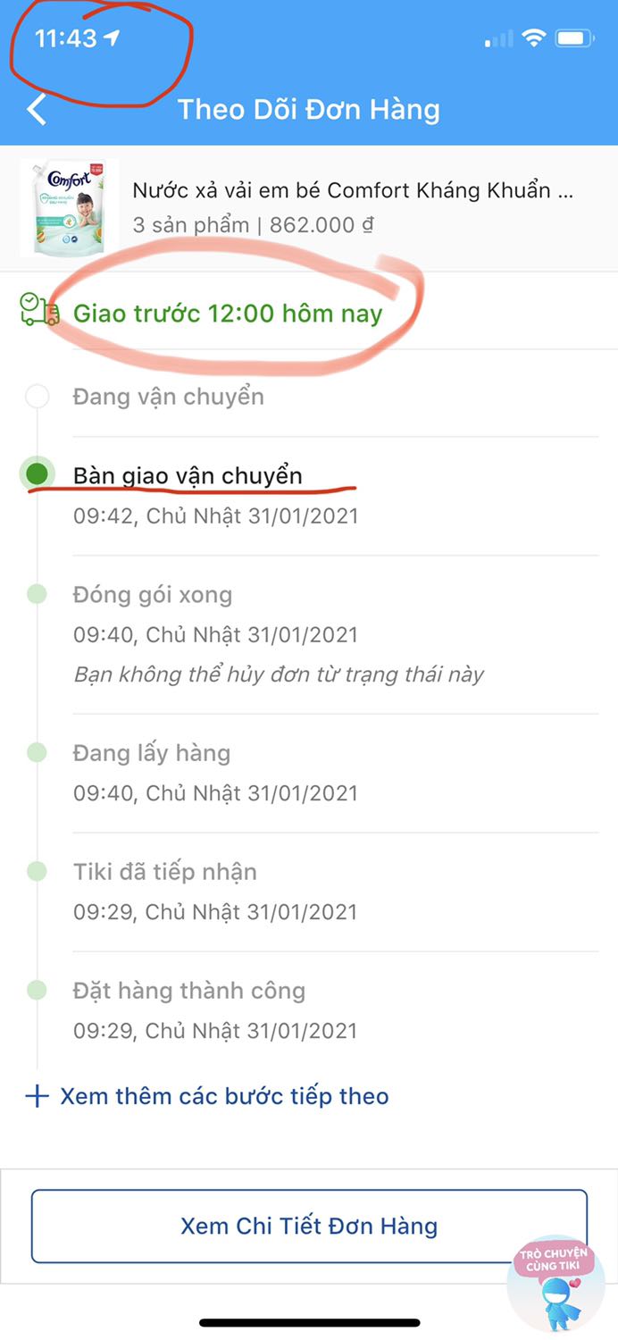 Chọn phương thức giao hàng tikinow 2h báo giao trước 12h mà 11h43 vẫn chưa vận chuyển phải gọi lên tổng đài mà tổng đài cũng chỉ nói là để báo lại bên vận chuyển mãi hơn 12h mới có anh giao hàng nói là mới về tới kho nhận được nhiệm vụ đi giao hàng.