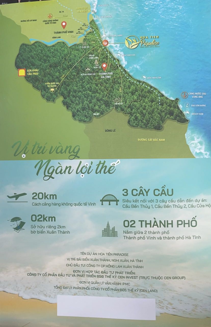 TP Hà Tĩnh đang trên đà phát triển mạnh mẽ từ nông nghiệp sang công nghiệp không khói.chính vì thế các ông lớn đang đầu tư và triển khai rất nhiều siêu dự án
- Vin Group: xd KĐT Hàm Nghi 142 Ha( Thạch Linh Hà Tĩnh)
-CĐT FLC : xd Khu du lịch Thiên Câm 1000 ha( sân golf 36 hố)
-Crytal Bay: xd công viên trung tâm& KĐT Lam Hồng 200ha , sân golf 18 hố...
Các ông lớn cùng nhau đầu tư phát triển một cách quy mô ,  chính vì thế  sẽ đẩy giá bđs Hà Tĩnh tăng nhanh và đột biến trong những năm tới.
Dự Án Hoa Tiên Paradise là một trong những dự án đi đầu, đón ngõ. Lh tư vấn: *** - Phương