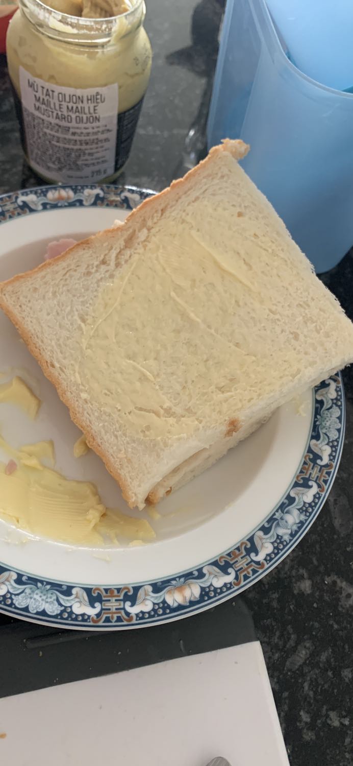 Nướng ổn k bị cháy, mình kẹp cheese and ham giữa 2 miếng sandwich và quết butter bên ngoài 2 mặt ra sản phẩm rất ngon