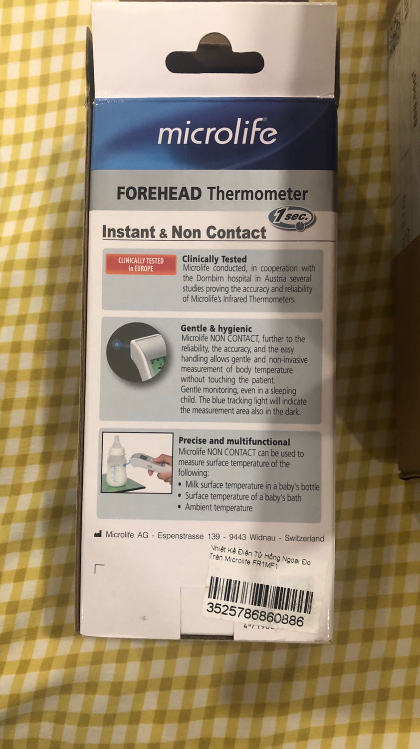 Fr1mf1 model:,Hàng nguyên hộp đầy đủ máy, hướng dẫn, bảo hành 2 năm, pin. Cặp nhiệt kế thử và so với nhiệt kế microlife thì lúc thì như nhau lúc thì chênh 0.1-0.3 độ. Đo cùng 1 chỗ thì chênh 0.1-02 độ. Nói chung với nhiệt kế hồng ngoại thì vậy là rất chính xác. Nói chung hài lòng, đáng 5 sao. Hy vọng sẽ dùng bền k vấn đề j
