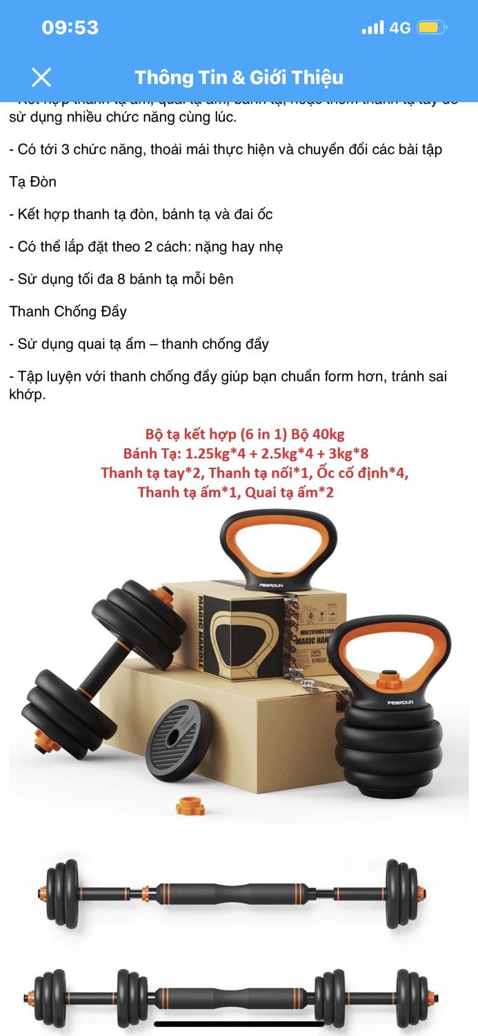 Thông tin trên Shop là khôi lượng tạ 40kg, nhưng hiện tôi chỉ nhận được tổng khối lượng tạ là 38kg( 2,5*6 + 1,25 *4 + 3*6=38kg) Shop. Vui lòng hổ trợ nhé Shop!