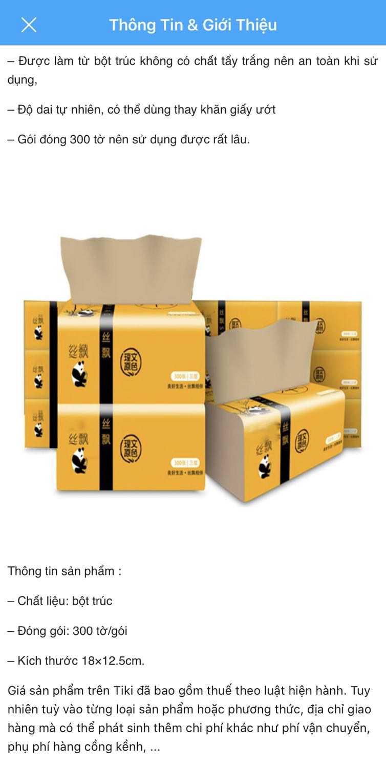 Mô tả sản phẩm 300 tờ/ bịt mà thực tế chỉ 270 tờ/bịt , kích thước cũng nhỏ hơn
Mình sợ sản phẩm kém nên đã đặt Tiki trading nhưng cũng quá thất vọng, giá trị không nhiều nên mình không đổi trả

Đề nghị Tiki kiểm tra đúng hàng trước khi giao cho khách