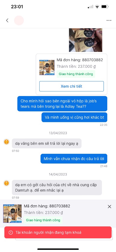 Bên ngoài là Job’s Tears Tea. Bên trong lại là Adlay Tea. Ib hỏi shop thì k nhận được câu trả lời và Shop cũng đã khoá tài khoản. *** đảo à???