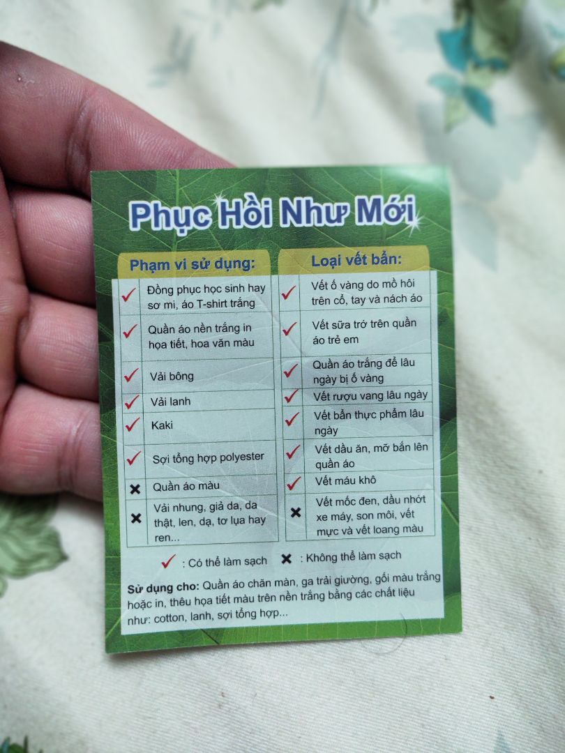 Đóng gói cẩu thả về là sút sổ hết. Làm theo hướng dẫn nhưng tẩy quần áo thấy không hiệu quả. Mua hơi nhiều, giờ không biết phải làm gì. Cho shop 1* và Tiki 1* do Tiki làm ăn trong mùa dịch bê trễ, trong khi các sàn khác giao hàng vẫn đúng hạn như dự kiến. Qua thời điểm giao hàng chờ hơn 1 tháng không giao, hủy và hoàn tiền rất nhiều đơn. Có những đơn tự hủy của khách không rõ nguyên nhân. Khi khiếu nại thì sau 5 ngày không thấy giải quyết. Nói chung rất thiếu trách nhiệm. Sau này không mua hàng trên đây nữa cho khỏi bực.