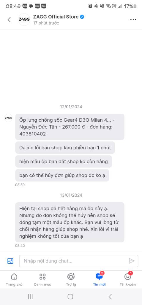 Shop lớn mà làm ăn chán quá. Đặt lần 1 mẫu khác không có hàng lúc giao hàng mình đã hủy dùm 1 lần. Đặt mẫu khác thì lại giao sai mẫu. Nếu không có hàng thì đừng up lên bán