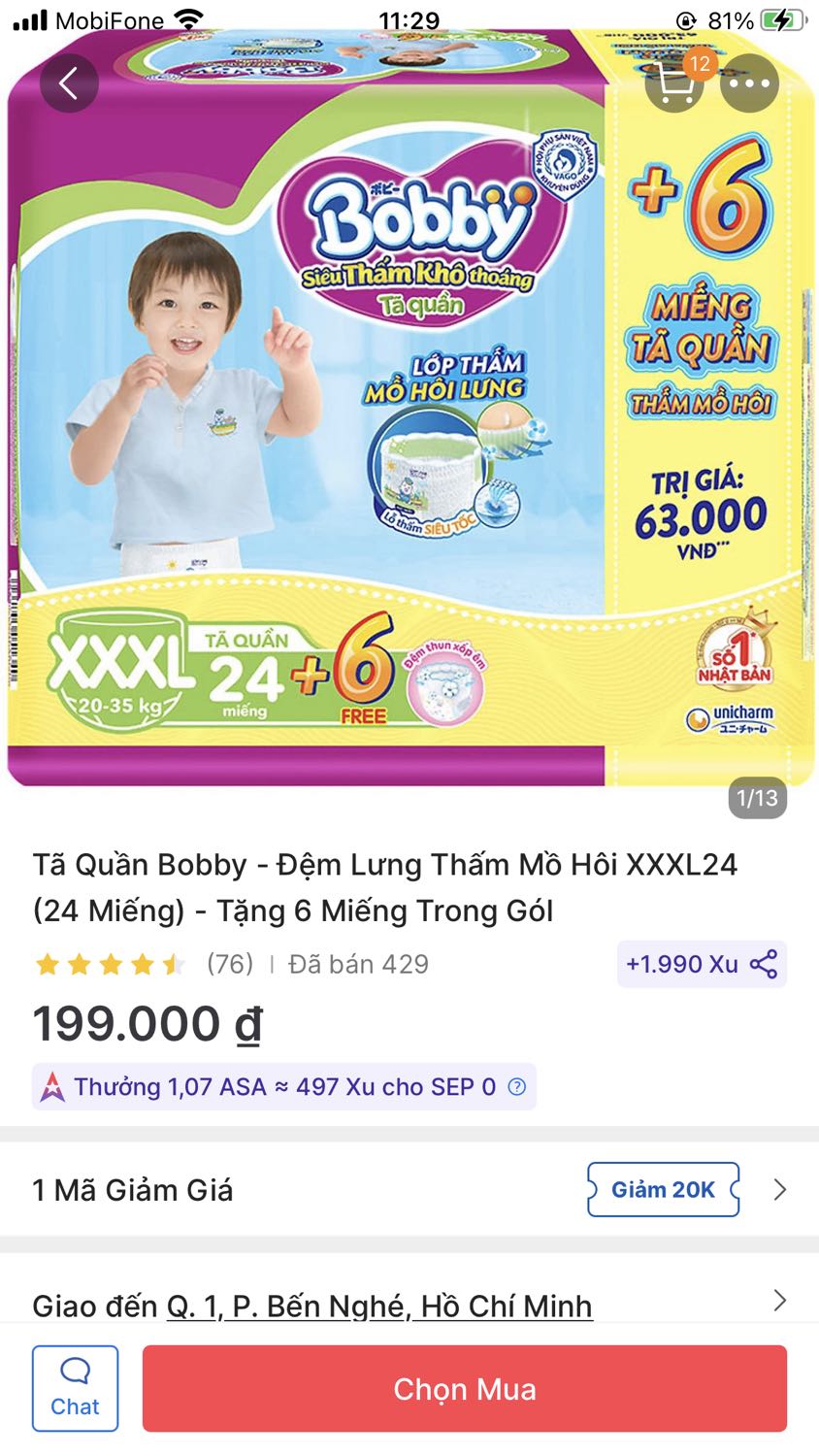 Mình đánh giá 1 sao vì sp ko như bài đăng, nói tặng kèm 6 miếng nhưng ko có, giao mình bịch tã có 24 miếng thôi kèm 1 bịch khăn ướt. Mình ko cần bịch khăn ướt, do bé đang hết tã nên mình ko trả hàng và báo cáo lên tiki.