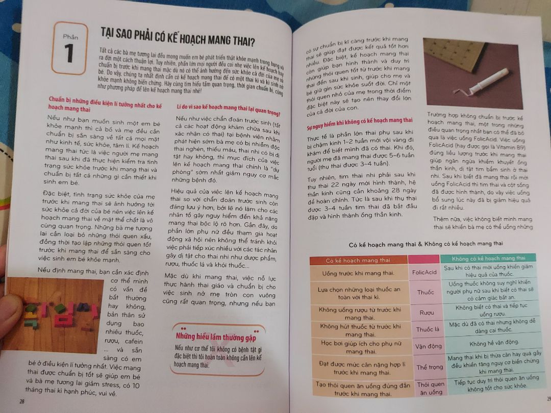 Mình lần đầu làm mẹ nên không có kinh nghiệm gì chia sẻ với mọi người, cũng không thể đánh giá được chuẩn xác nội dung sách. Nhưng cảm nhận của mình về sách rất tích cực. Đây là một trong những cuốn sách viết rất dễ đọc, không hàn lâm, không gây chán. Giấy in dày dặn, nhiều màu sắc, hình ảnh minh họa cho cảm giác đọc không ngán. Về nội dung, sách chia thành 10 chương đầy đủ nội dung từ lập kế hoạch chuẩn bị có em bé, thay đổi của mẹ trong 10 tháng thai kỳ, chế độ dinh dưỡng cho thai kỳ khỏe mạnh, hướng dẫn vận động tốt cho thai kỳ, các bệnh thường gặp khi mang thai, chăm sóc hậu sản, ... cho tới hướng dẫn chăm sóc em bé sau sinh cách bế, ẵm, tắm, thay tả,... Đầu mỗi chương sẽ có 1 bài *** trắc nghiệm nhỏ để kiểm tra hiểu biết bản thân về vấn đề sắp bàn tới giúp mẹ đánh giá được mình biết được bao nhiêu về quá trình làm mẹ phía trước, cuối mỗi chương sẽ tóm tắt ngắn gọn để ghi nhớ lại thông tin. Theo mình cuốn sách rất bổ ích, đọc sách mình an tâm hơn để sẵn sàng làm mẹ.