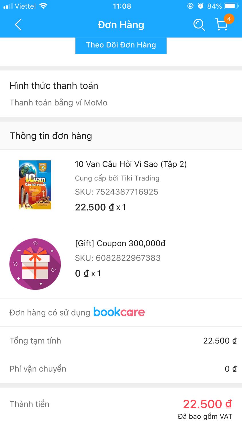 Mình đã nhận được hàng 
Về phần sách được đóng gói cẩn thận và đẹp
Mình chỉ có 1 thắc mắc là hoá đơn trên trang chủ là mình có được nhận mã giảm giá 3***d nhưng thực tế trên hoá đơn khi mình nhận hàng lại ko có mã giảm giá đó. Mong tiki sớm giải đáp giúp mình. Xin cảm ơn!