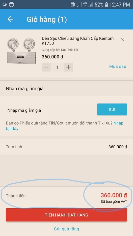 Sau khi nhận hàng ngày 29/7 trên hệ thống bán hàng thông báo nhận hóa đơn sau 7 ngày, sau 7 ngày liên hệ lại với TiKi nhưng được thông báo sau 14 ngày. Sau 14 ngày tôi chưa nhận được hóa đơn VAT của sản phẩm đèn chiếu sáng khẩn cấp Kentom KT750. Vậy bằng thông báo này đề nghị KiTi có hướng giải quyết.