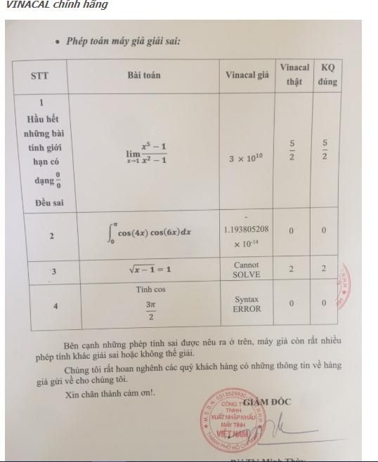 Hàng mình mua của Tiki Trading, mặc dù vậy mình vẫn sợ hàng giả vì nó có thể ảnh hưởng đến kết quả học tập của thằng em mình nên mình *** khá kĩ. Về  phần tem chống hàng giả thì đều giống cách miêu tả trên trang của vinacal (bạn nào muốn biết thì lên trang chính hãng của vinacal xem), còn về phần tính toán của máy thì *** thử các phép tính trên đều đúng kết quả hết. Tuy nhiên,chức năng kiểm tra phiên bản hay *** phím bằng shift-7-On của phiên bản 9V này bị bỏ đi hay sao mà mình nhấn thử thì không dc,chắc nó cũng ko quan trọng. Nói chung thì chỉ cần tính toán đúng là ok rồi.