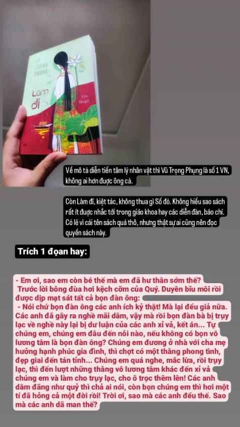 Về mô tả diễn tiến tâm lý nhân vật thì Vũ Trọng Phụng là số 1 VN, không ai hơn đuợc ông cả. 
Còn Làm ***, kiệt tác, không thua gì Số đỏ. Quyển sách chỉ có 4,5 chục ngàn nhưng giá trị quá lớn đối với mình...