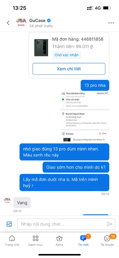 Đơn hàng này giao sai yêu cầu của KH (mua 13pro mà giao 13pro max trong khi mình đã chat riêng cho shop.
Liên hệ chủ shop bên đó không trả lời
Yêu cầu tiki liên hệ shop gọi lại cho mình