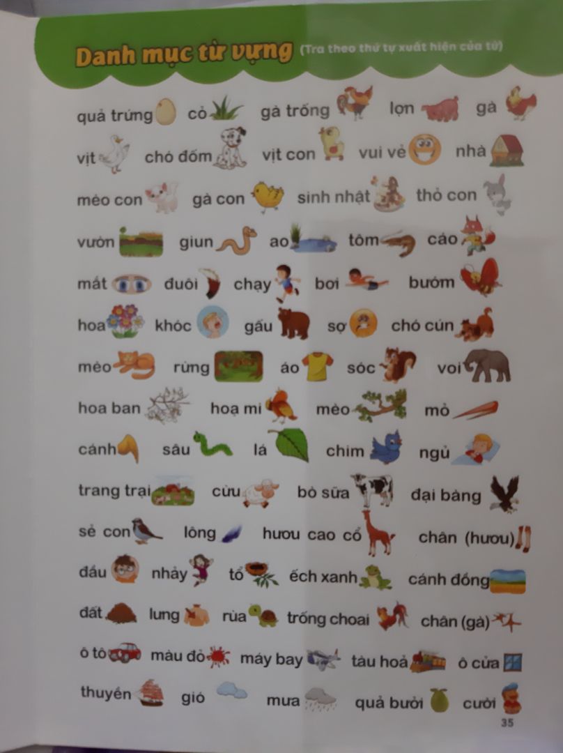 sách dày, trang dày, đẹp. nhưng mình thấy ko phù hợp với bé nhà mình lắm. có thể do bé nhà mình ko có trí tưởng tượng phong phú, bé mình 5t. 1 số hình ảnh mình cũng ko hiểu, phải nhìn vào  Danh mục từ vựng phía sau sách.