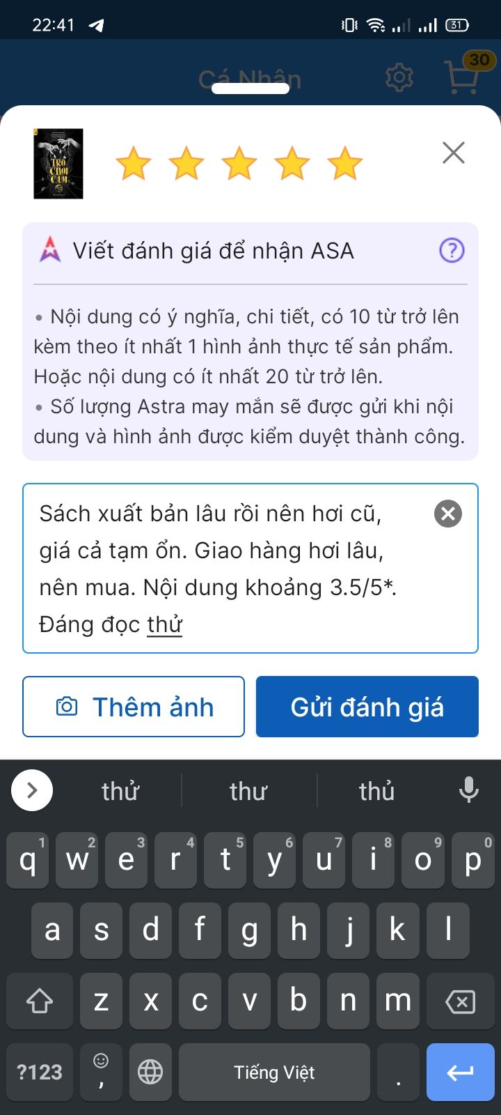 Sách xuất bản lâu rồi nên hơi cũ, giá cả tạm ổn. Giao hàng hơi lâu, nên mua. Nội dung khoảng 3.5/5*. Đáng đọc thử